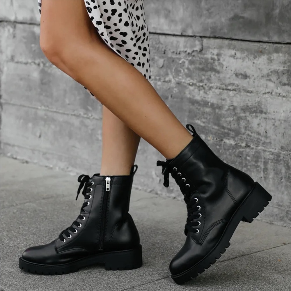 Guided Black Leather Lace-Up Platform Combat Boots